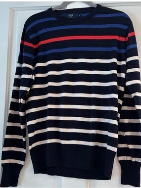 J. Crew Navy Striped Crewneck Sweater with Red & Blue Accents